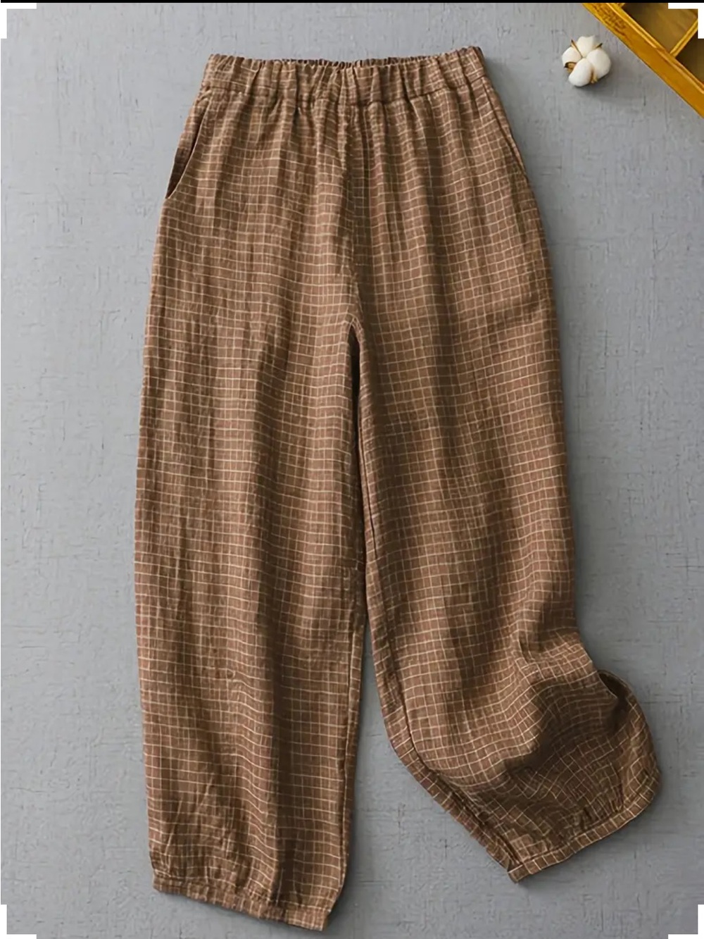 Brown Checkered Elastic Waist Pants